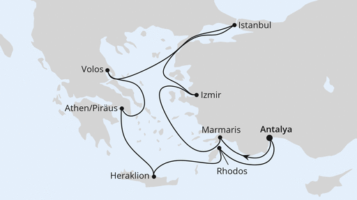 Routenkarte: Östliches Mittelmeer mit Istanbul ab Antalya 2