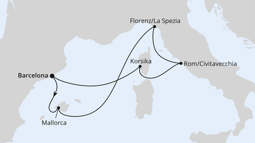Routenkarte: Mediterrane Schätze mit Korsika ab Barcelona