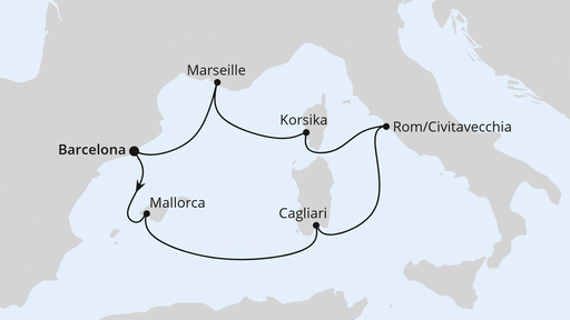 Routenkarte: Mediterrane Schätze mit Sardinien ab Barcelona