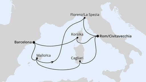 Routenkarte: Spanien, Frankreich & Italien ab Barcelona 1