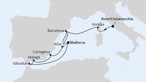 Routenkarte: Spanien, Frankreich & Gibraltar ab Civitavecchia