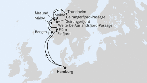 Routenkarte: Norwegens Fjord-Weltnaturerbe ab Hamburg 2