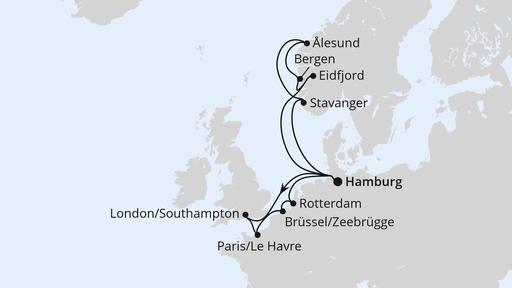 Routenkarte: Metropolen & Norwegen ab Hamburg