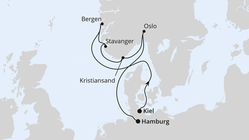 Routenkarte: Südnorwegen ab Kiel
