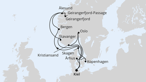 Routenkarte: Große Skandinavien-Reise ab Kiel