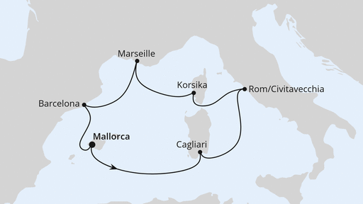 Routenkarte: Mediterrane Schätze mit Sardinien ab Mallorca
