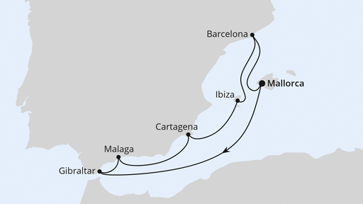 Routenkarte: Mediterrane Schätze mit Gibraltar ab Mallorca