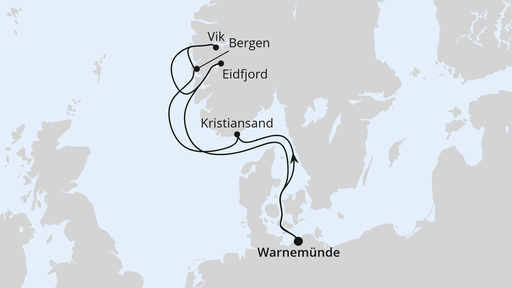 Routenkarte: Norwegens Fjorde ab Warnemünde